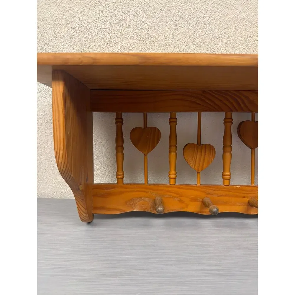 Vtg Wooden Heart Spindle Wall Shelf Five Pegs 23 inch Cottagecore Farmhouse